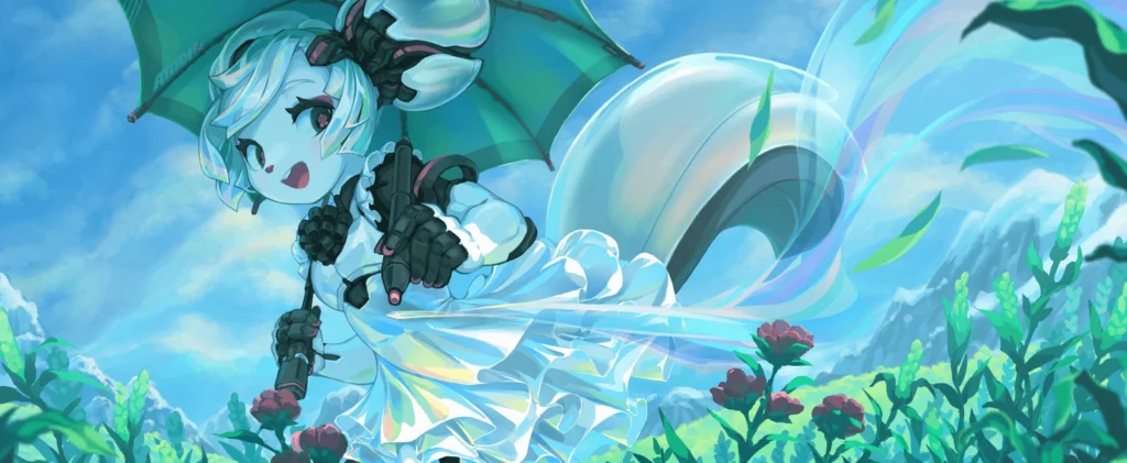 opening screen illustration of a character with an umbrella and an ink pen in a field of flowers.